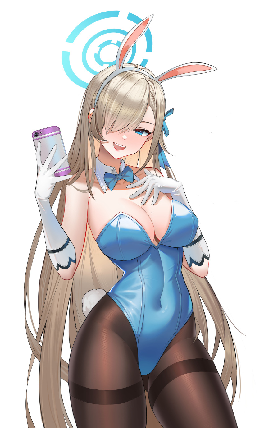 0x00000050 1girl :d absurdres animal_ears asuna_(blue_archive) asuna_(bunny_girl)_(blue_archive) bangs black_legwear blonde_hair blue_archive blue_bow blue_bowtie blue_leotard bow bowtie breasts cellphone covered_navel detached_collar elbow_gloves gloves hair_over_one_eye halo highres holding holding_phone large_breasts leotard long_hair mole mole_on_breast pantyhose phone rabbit_ears rabbit_tail smartphone smile solo tail thighband_pantyhose very_long_hair white_gloves
