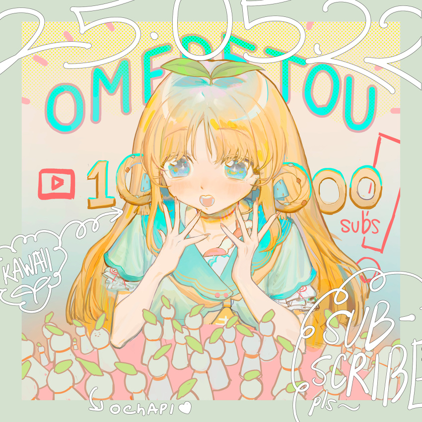 1girl bangs blonde_hair blue_eyes congratulations dated english_text eyebrows_visible_through_hair hair_rings highres kisaki_tencha leaf nail_polish nijigen_project nonaneva open_mouth orange_nails plant short_sleeves solo virtual_youtuber