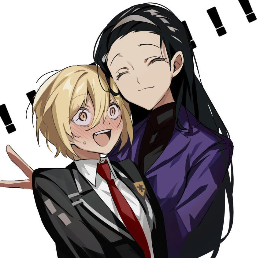 2girls black_hair black_jacket black_shirt blonde_hair blush closed_eyes coat don_quixote_(limbus_company) formal hairband highres iori_(project_moon) jacket limbus_company long_hair mu46016419 multiple_girls necktie project_moon purple_coat red_necktie shirt short_hair smile surprised sweatdrop teeth white_background white_hairband wide-eyed