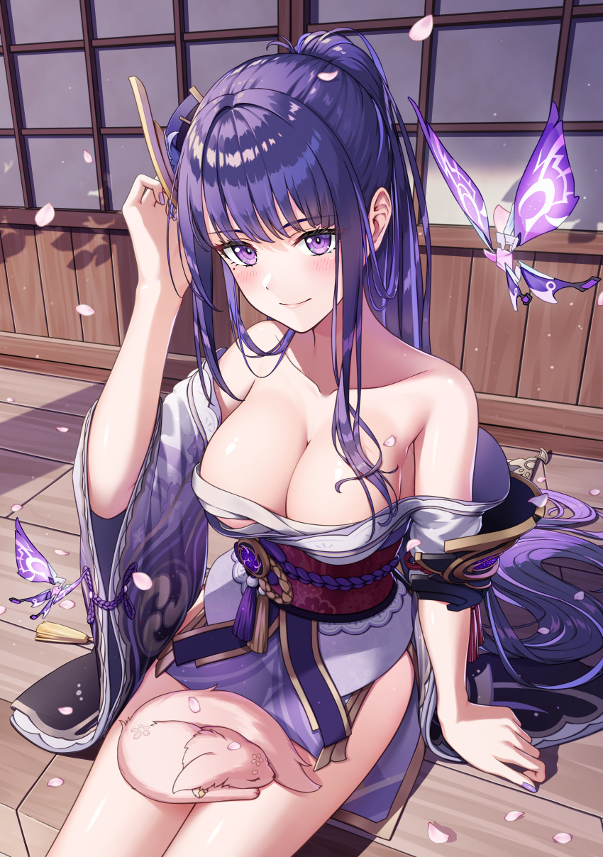 1girl absurdres bangs bare_shoulders blush breasts cleavage closed_mouth collarbone genshin_impact hair_ornament highres japanese_clothes large_breasts long_hair looking_at_viewer petals purple_eyes purple_hair raiden_shogun rankebu smile thighs yae_miko yae_miko_(fox)