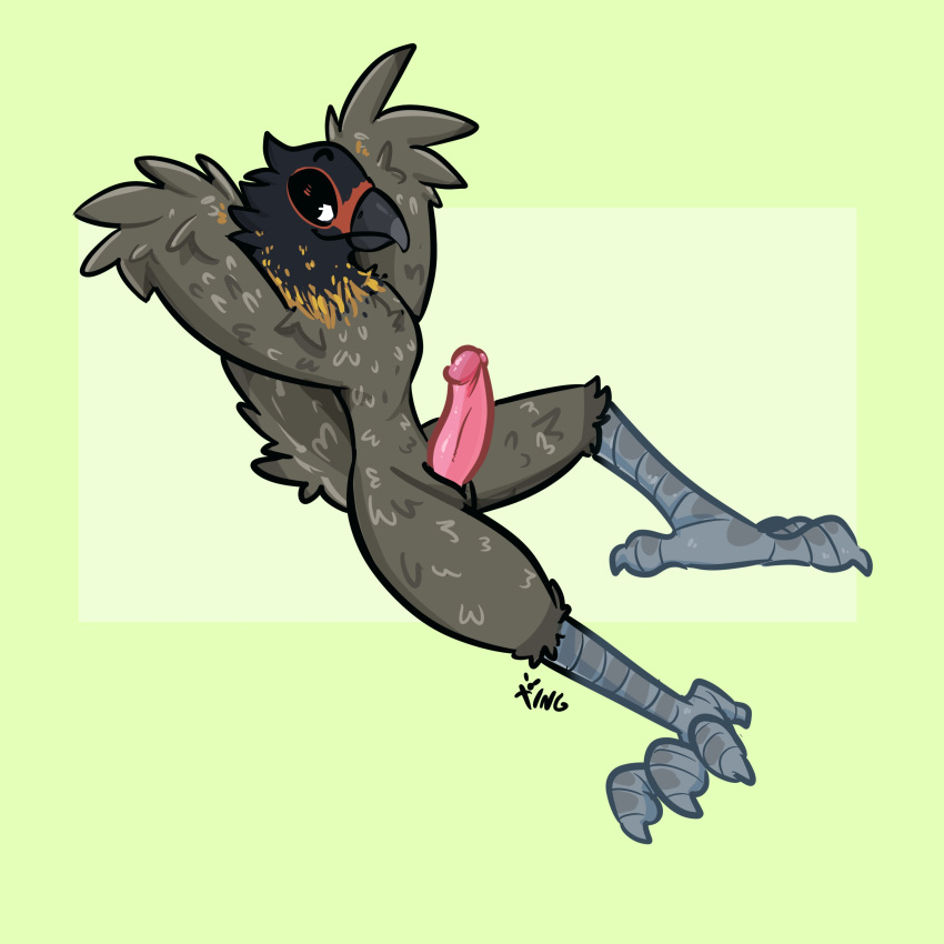 absurd_res anthro avian bedroom_eyes bird black_body black_feathers brown_body brown_feathers chest_tuft elbow_tufts erection falcon falconid feathers genitals green_background half-closed_eyes hi_res humanoid_genitalia humanoid_penis inviting looking_at_viewer lying male narrowed_eyes nude on_back penis seductive simple_background slit smile smirk smug smug_face solo stripes the_xing1 tuft yellow_stripes