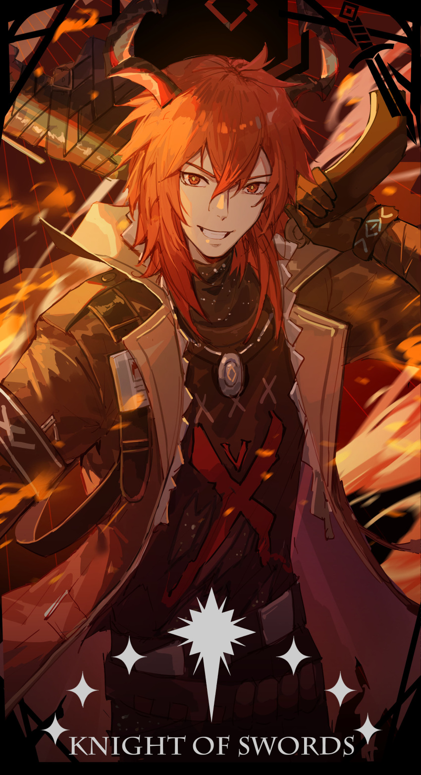 1boy absurdres arknights bangs belt black_coat black_gloves black_horns coat fire gloves grin highres holding holding_weapon horns id_card infection_monitor_(arknights) jewelry kotatsu_kaya long_hair looking_at_viewer male_focus necklace red_eyes red_hair sesa_(arknights) smile solo upper_body weapon