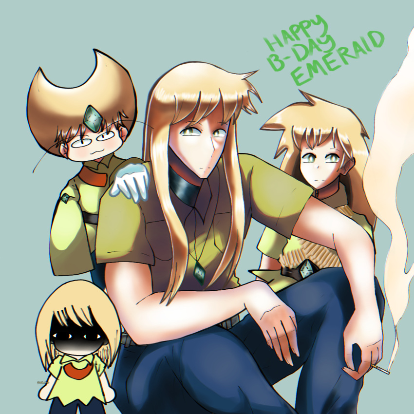 emerald_(pokemon) happy_birthday highres long_hair looking_at_viewer non-web_source older pokemon pokemon_(game) pokemon_adventures pokemon_rse self_upload smoking sonasan timestamp very_long_hair