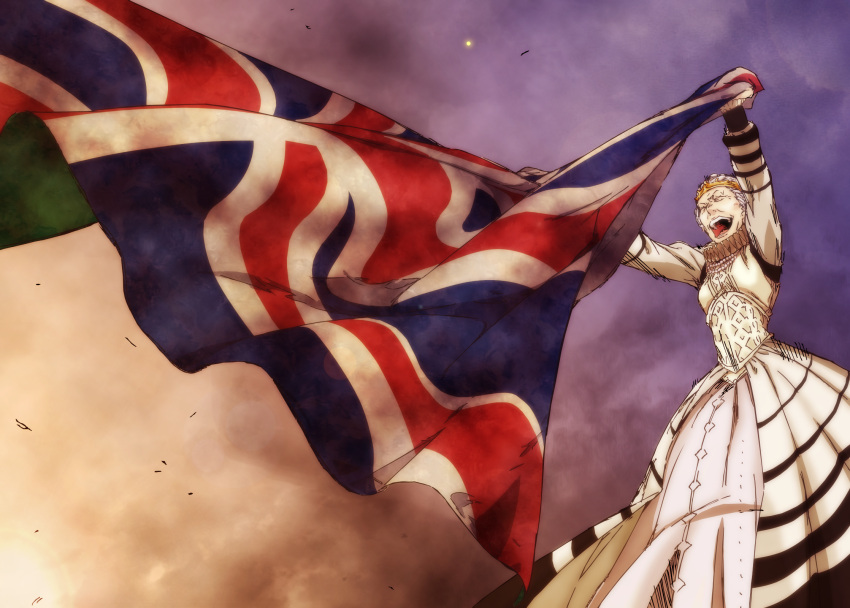 1girl closed_eyes cloud cloudy_sky colorized commentary crown dress elizard feet_out_of_frame flag from_below gazing_eye grey_hair haimura_kiyotaka highres holding holding_flag long_sleeves novel_illustration official_art old old_woman open_mouth outdoors outstretched_arms queen royal sky solo standing teeth toaru_majutsu_no_index tongue union_jack upper_teeth white_dress