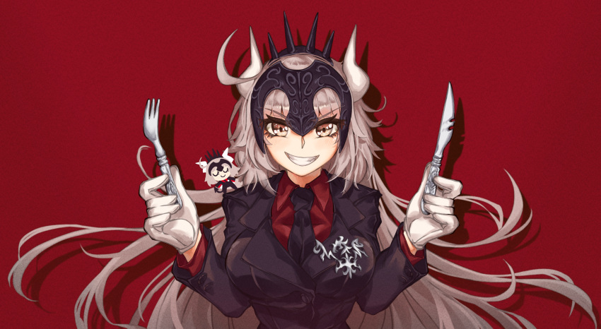 2girls ahoge black_necktie black_suit breasts collared_shirt cosplay demon_horns fate/grand_order fate_(series) fork formal gloves grey_hair headpiece helltaker highres holding holding_fork holding_knife horns jeanne_d'arc_alter_(fate) knife large_breasts long_hair long_sleeves lucifer_(helltaker) lucifer_(helltaker)_(cosplay) minigirl multiple_girls necktie red_background red_shirt ru_251 shirt suit upper_body very_long_hair white_gloves yellow_eyes