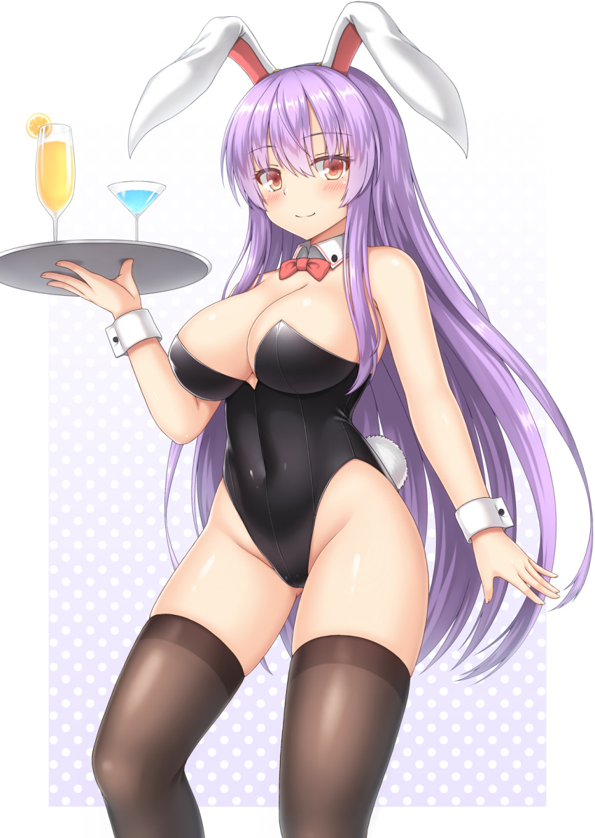 1girl animal_ears bare_shoulders black_leotard bow bowtie breasts brown_legwear closed_mouth detached_collar highleg highleg_leotard highres large_breasts leotard light_smile long_hair looking_at_viewer playboy_bunny purple_hair rabbit_ears rabbit_tail red_eyes reisen_udongein_inaba solo standing tail thighhighs touhou tray very_long_hair white_background wrist_cuffs yuu_(yu0221f)