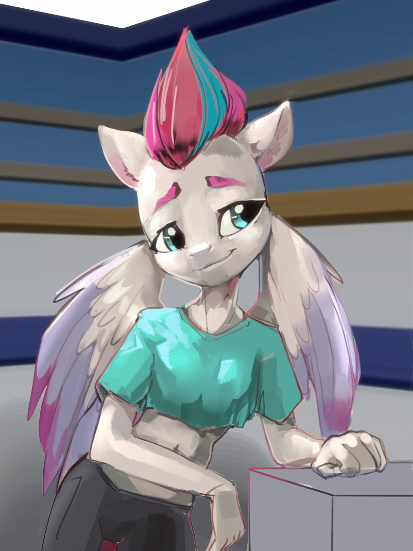 5_fingers alumx anthro anthrofied blue_eyes bottomwear clothing digital_media_(artwork) equid equine eyebrows feathered_wings feathers female fingers hair hasbro hi_res kelpiemoonknives mammal mlp_g5 multicolored_wings my_little_pony pants pegasus pink_hair smile solo white_body white_feathers wings zipp_storm_(mlp)