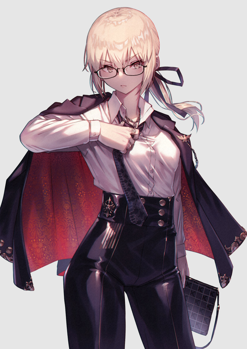 1girl absurdres artoria_pendragon_(fate) bangs black_pants blonde_hair breasts collared_shirt commentary_request dress_shirt fate/grand_order fate/stay_night fate_(series) glasses highres long_hair long_sleeves looking_at_viewer medium_breasts nakanishi_tatsuya necktie pants ponytail revision saber_alter shirt sidelocks solo thighs white_shirt yellow_eyes