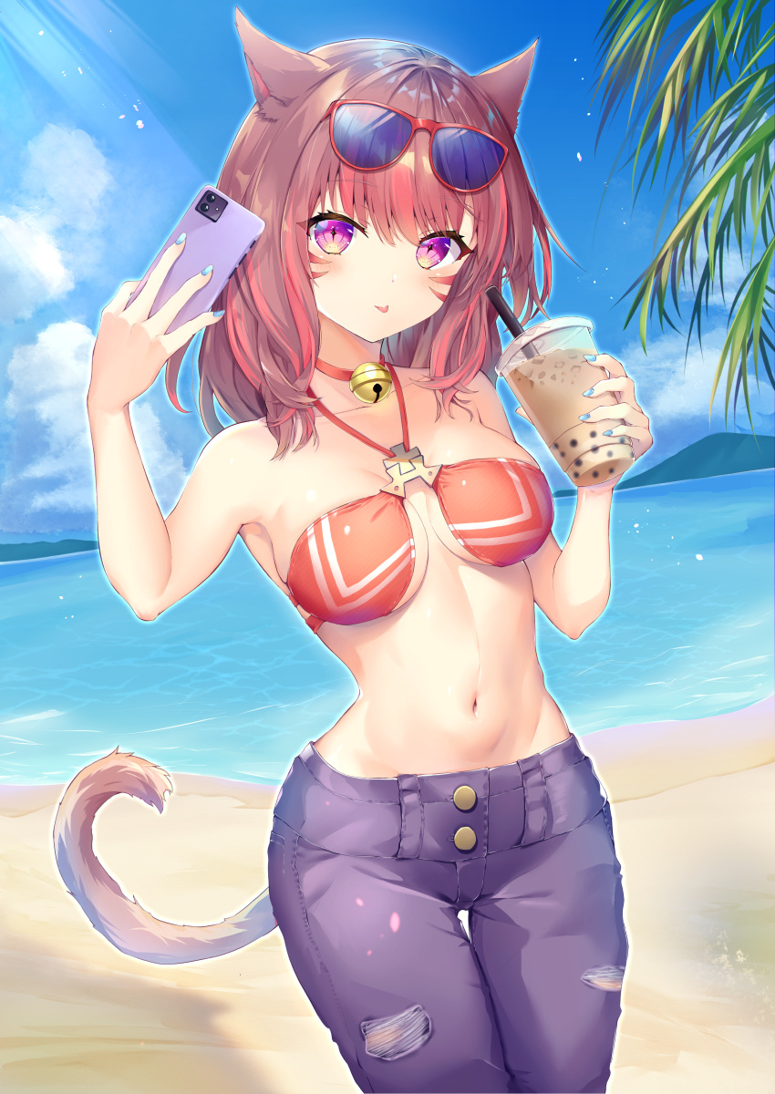 1girl absurdres animal_ears arm_up armpits avatar_(ff14) bare_arms bare_shoulders beach bell bikini bikini_top_only blue_pants breasts bubble_tea cat_ears cat_girl cat_tail cellphone chess11 choker collarbone cowboy_shot day denim eyewear_on_head facial_mark final_fantasy final_fantasy_xiv highres holding iphone jewelry jingle_bell light_rays medium_breasts miqo'te multicolored_hair nail_polish navel necklace ocean outdoors pants phone purple_eyes red-framed_eyewear red_bikini red_choker red_hair smartphone solo standing stomach streaked_hair string_bikini sunbeam sunglasses sunlight swimsuit symbol-shaped_pupils tail torn_clothes torn_pants