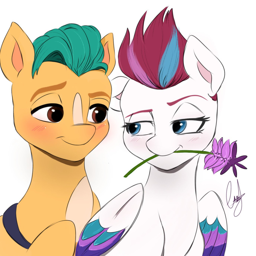 blue_eyes blue_mane blush brown_eyes duo earth_pony equid equine eyebrows feathered_wings feathers female feral flower green_mane half-closed_eyes hanabira_18 hasbro hi_res hitch_trailblazer_(mlp) horse looking_at_another male mammal mane mlp_g5 mouth_hold multicolored_wings my_little_pony narrowed_eyes pegasus pink_mane plant pony simple_background smile white_background white_body wings yellow_body zipp_storm_(mlp)