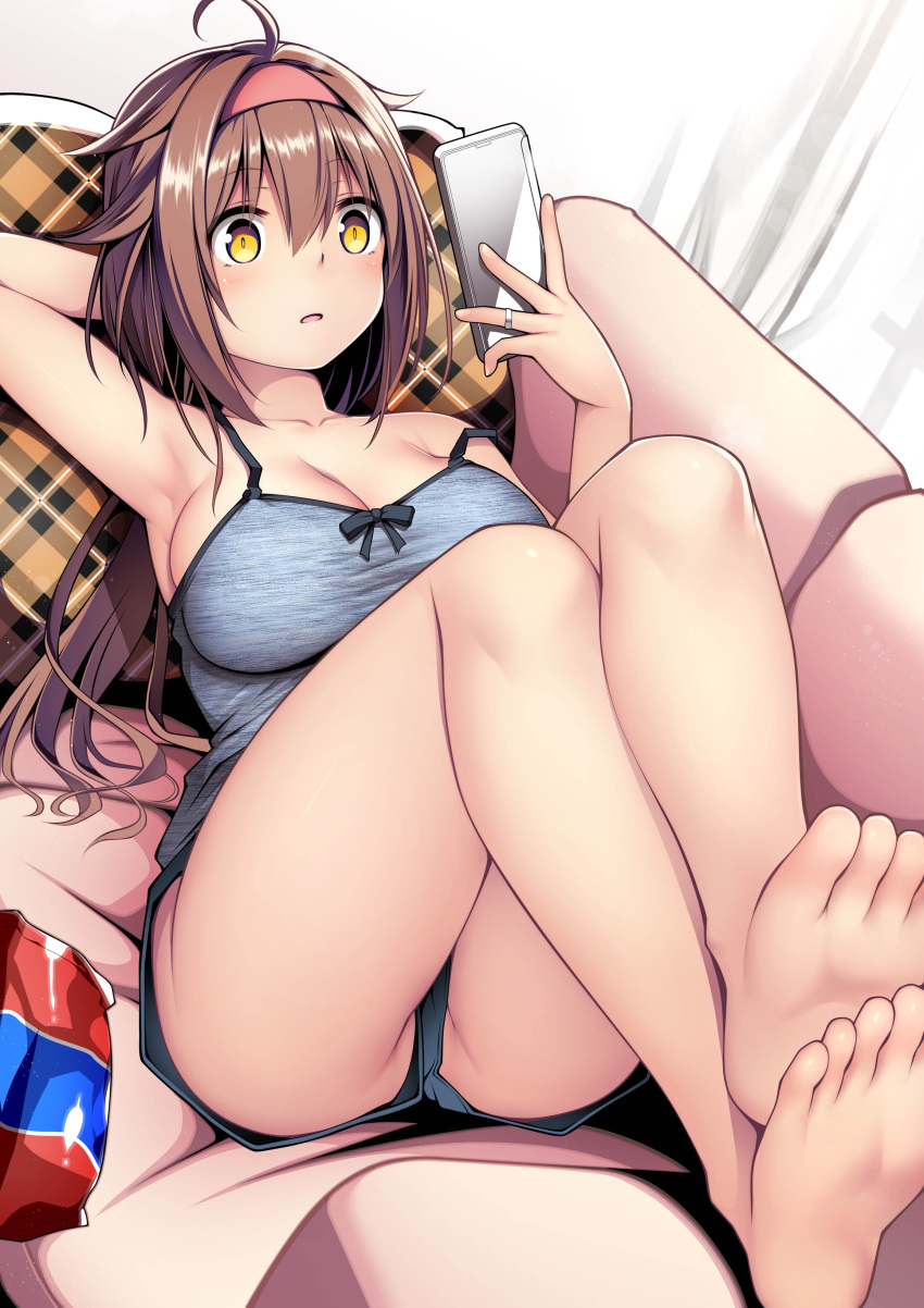 1girl absurdres ahoge ass barefoot blush breasts brown_eyes brown_hair cellphone cleavage collarbone eyebrows_visible_through_hair hair_between_eyes hair_flaps hairband highres holding holding_phone kantai_collection kuromayu large_breasts long_hair no_panties open_mouth phone red_hairband shiratsuyu_(kancolle) shiratsuyu_kai_ni_(kancolle) smartphone solo