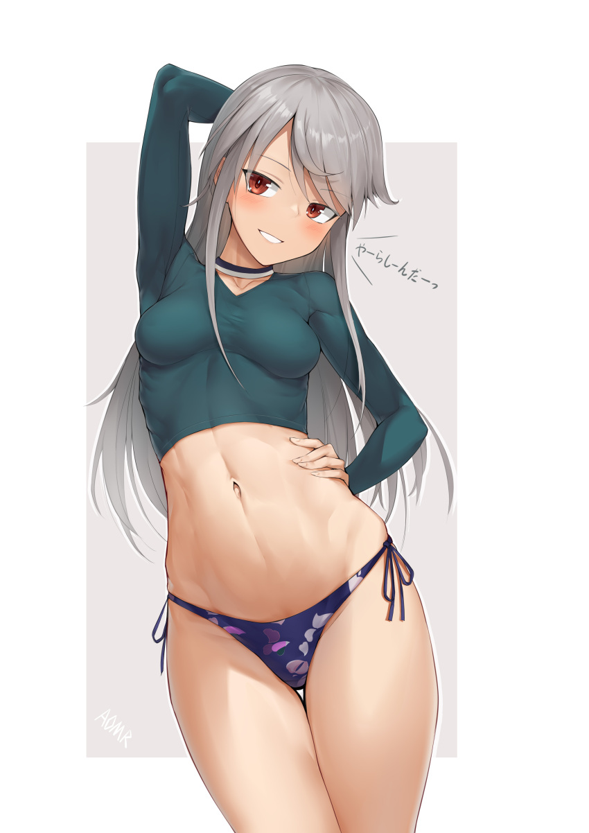 1girl absurdres alice_gear_aegis aomoro arm_behind_head arm_up bangs bikini bikini_bottom_only blue_bikini blush breasts breasts_apart cowboy_shot crop_top green_shirt grey_hair grin hand_on_hip highres jinguuji_mari long_hair long_sleeves looking_at_viewer medium_breasts midriff navel red_eyes shirt side-tie_bikini smile solo standing swimsuit translation_request