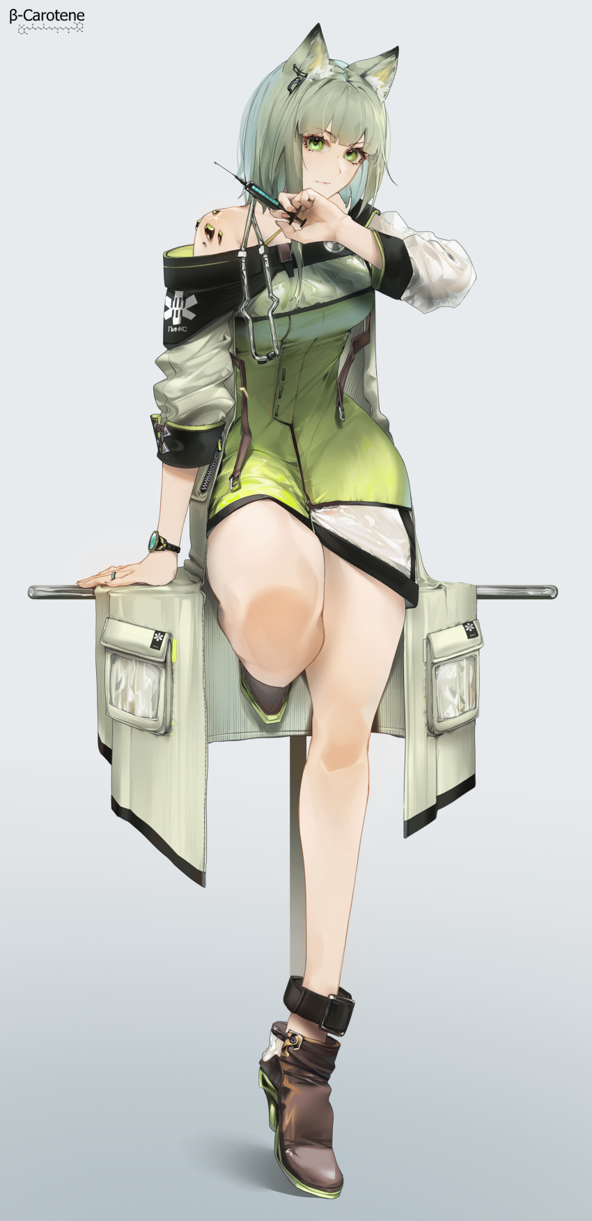 1girl absurdres animal_ear_fluff animal_ears arknights arm_support bangs bare_legs bare_shoulders black_footwear breasts cat_ears commentary dress green_dress green_eyes green_hair grey_background high_heels highres holding holding_syringe kal'tsit_(arknights) long_sleeves looking_at_viewer lufi_ays medium_breasts off_shoulder pencil_dress short_dress short_hair simple_background sitting solo syringe thighs watch wristwatch
