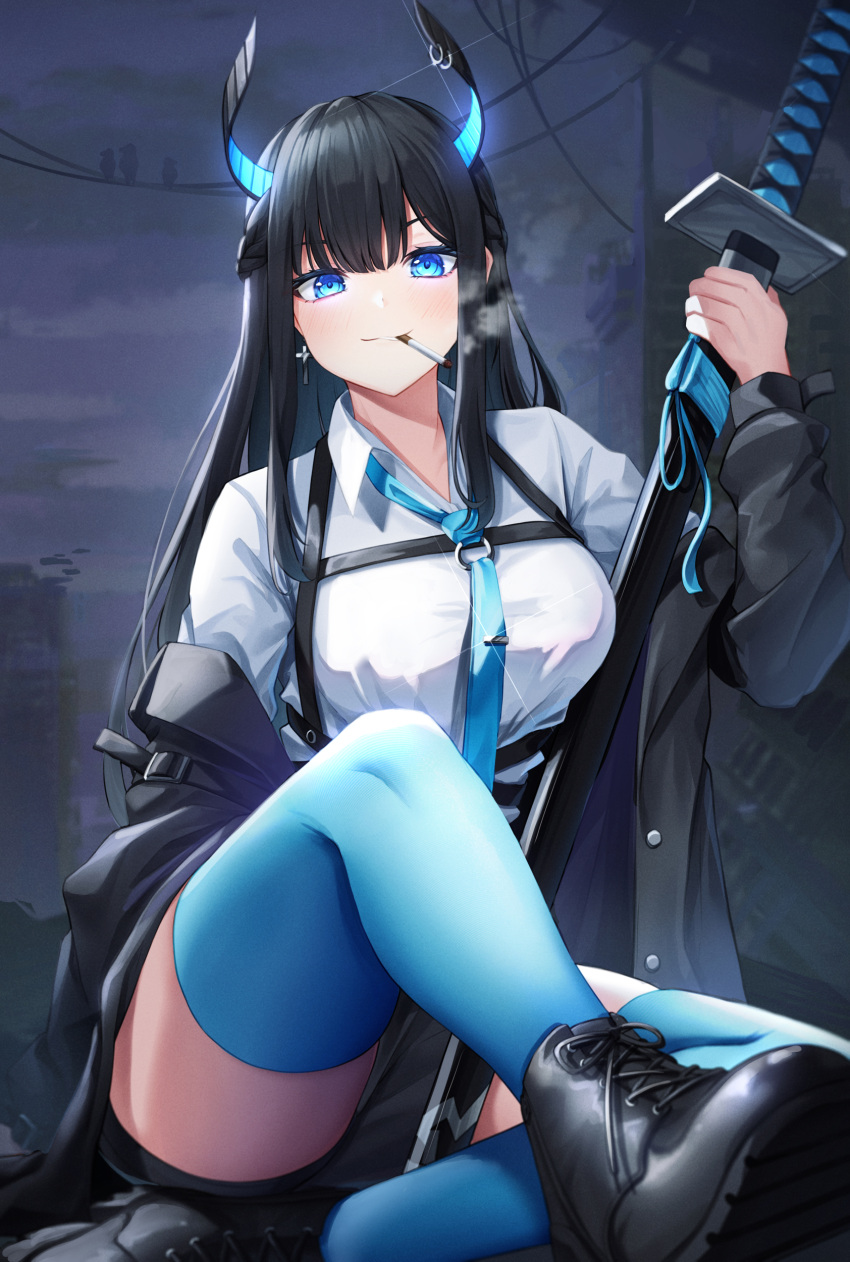 1girl absurdres bangs black_footwear black_hair black_jacket blue_eyes blue_legwear blue_necktie blush cigarette closed_mouth commentary_request highres holding holding_sword holding_weapon horn_piercing horns jacket katana lancheu long_hair long_sleeves looking_at_viewer necktie original piercing revision shirt shoes smile smoking solo sword thighhighs thighs weapon white_shirt