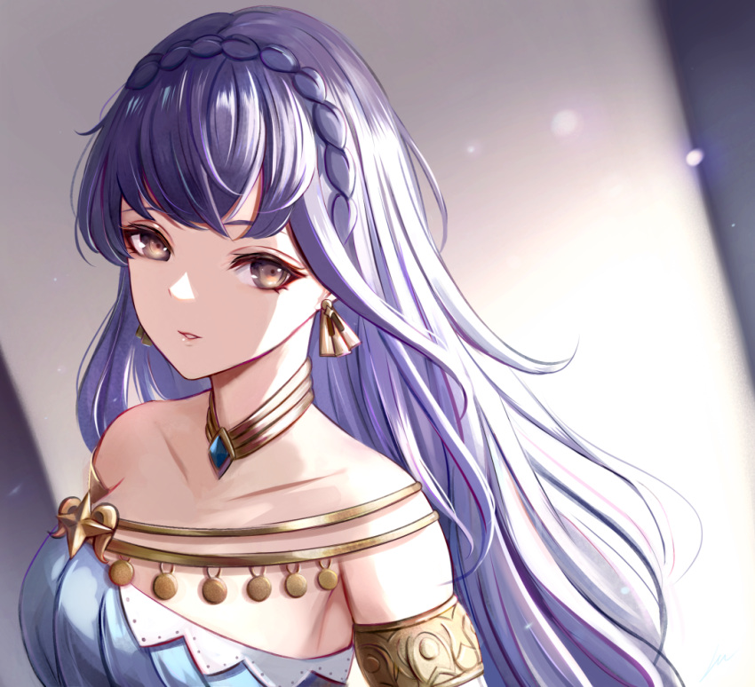 1girl alternate_costume alternate_hairstyle armlet bangs bare_shoulders blue_hair blush bracelet breasts cleavage commentary dancer dancer_(three_houses) dress earrings fire_emblem fire_emblem:_three_houses fire_emblem_heroes hair_down jewelry large_breasts leonmandala long_hair looking_at_viewer marianne_von_edmund official_alternate_costume simple_background single-shoulder_dress solo