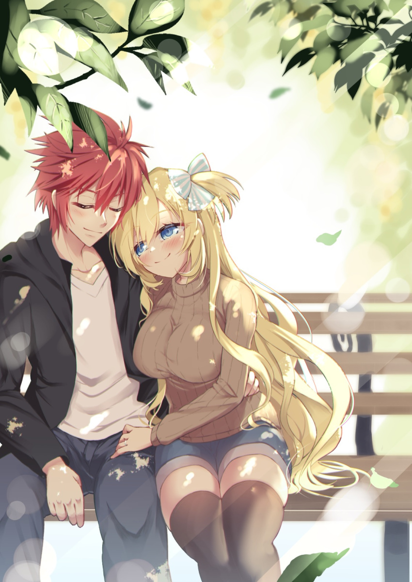 1boy 1girl bangs bench black_hoodie black_legwear blonde_hair blue_eyes blue_shorts blush bow breasts brown_sweater closed_eyes collarbone denim hair_bow hand_on_another's_hip highres hood hoodie jeans large_breasts leaning_on_person leaning_to_the_side lens_flare looking_up mikage_(shibi) muvluv muvluv_alternative pants red_hair ribbed_sweater schwarzesmarken shirt shorts sitting skindentation smile striped striped_bow sweater theodor_edelbach thighhighs two_side_up white_shirt