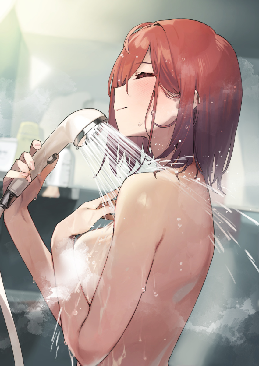 1girl 92m absurdres blush breasts closed_eyes closed_mouth commentary_request convenient_censoring eyebrows_visible_through_hair from_side hair_between_eyes highres holding holding_shower_head kinshi_no_ane medium_breasts original partial_commentary profile red_hair short_hair shower_(place) shower_head showering smile soap_bottle solo steam steam_censor topless upper_body wet wet_hair