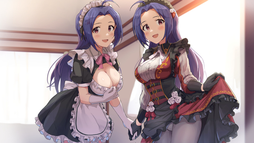 2girls :d absurdres ahoge alternate_costume apron black_gloves black_skirt blue_hair breasts cleavage cleavage_cutout clothing_cutout dual_persona enmaided frilled_skirt frills gloves highres idolmaster idolmaster_(classic) indoors large_breasts lifted_by_self long_hair looking_at_viewer maid maid_apron maid_headdress miura_azusa multiple_girls pantyhose puffy_short_sleeves puffy_sleeves red_eyes short_sleeves shuucream_(syuichi) skirt smile white_apron white_gloves white_legwear window