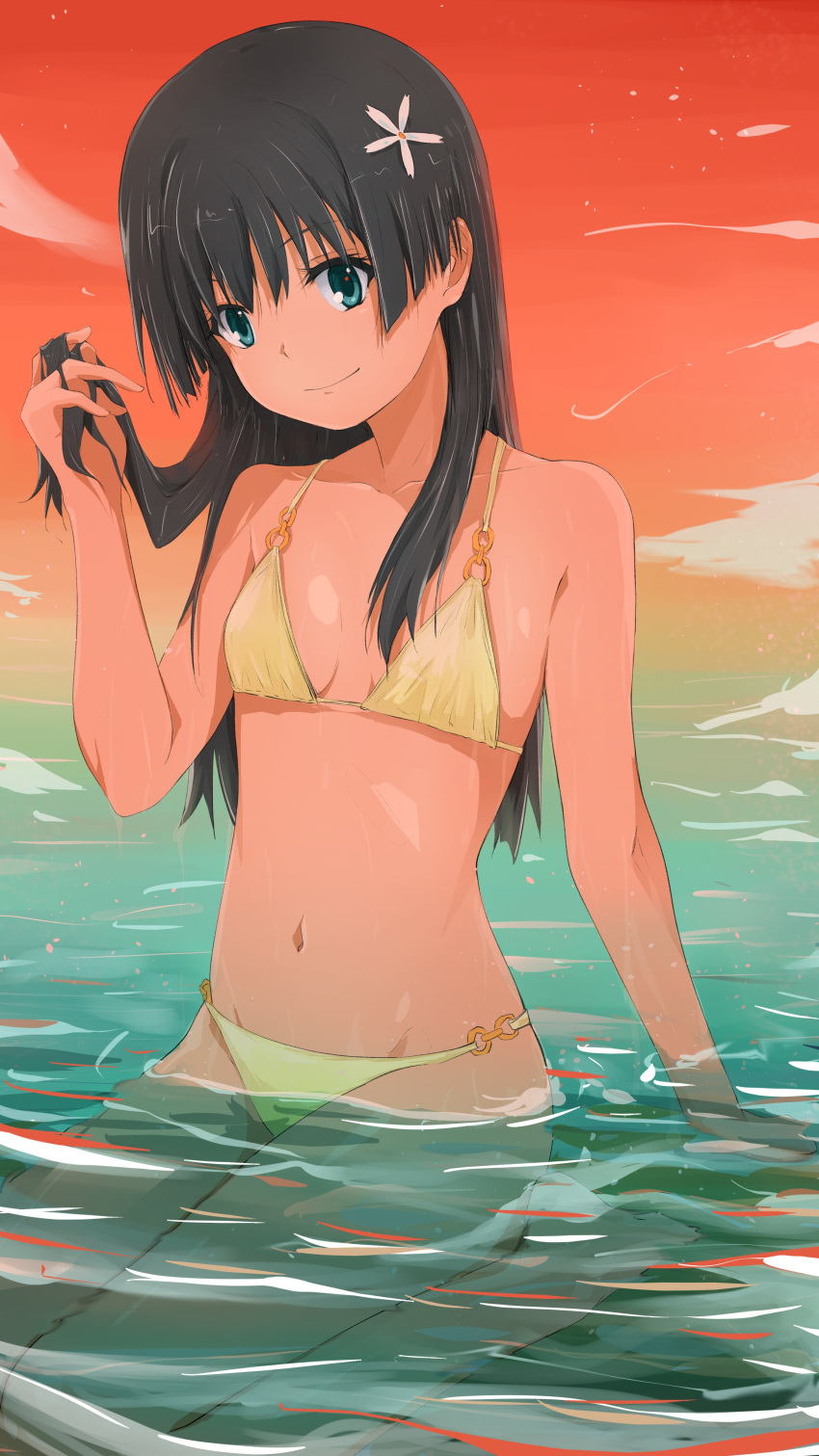 1girl absurdres bangs bikini black_hair breasts closed_mouth commentary_request eyebrows_visible_through_hair flower hair_flower hair_ornament highres long_hair looking_at_viewer musaki_(msaki666) navel orange_sky partially_submerged saten_ruiko sitting sky small_breasts smile solo sunset swimsuit toaru_kagaku_no_railgun toaru_majutsu_no_index water yellow_bikini