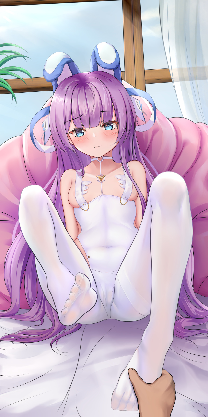 1girl 1other absurdres animal_ears ass azur_lane blue_eyes blush breasts cameltoe cosplay covered_navel crotchless crotchless_pantyhose fake_animal_ears feet foot_focus foot_hold highres knees_up le_malin_(azur_lane) le_malin_(azur_lane)_(cosplay) le_malin_(listless_lapin)_(azur_lane) legs leotard long_hair looking_at_viewer no_shoes pantyhose playboy_bunny purple_hair rabbit_ears revision see-through shenqi_(toid310) sitting small_breasts soles tashkent_(azur_lane) thighs toes very_long_hair white_legwear white_leotard window