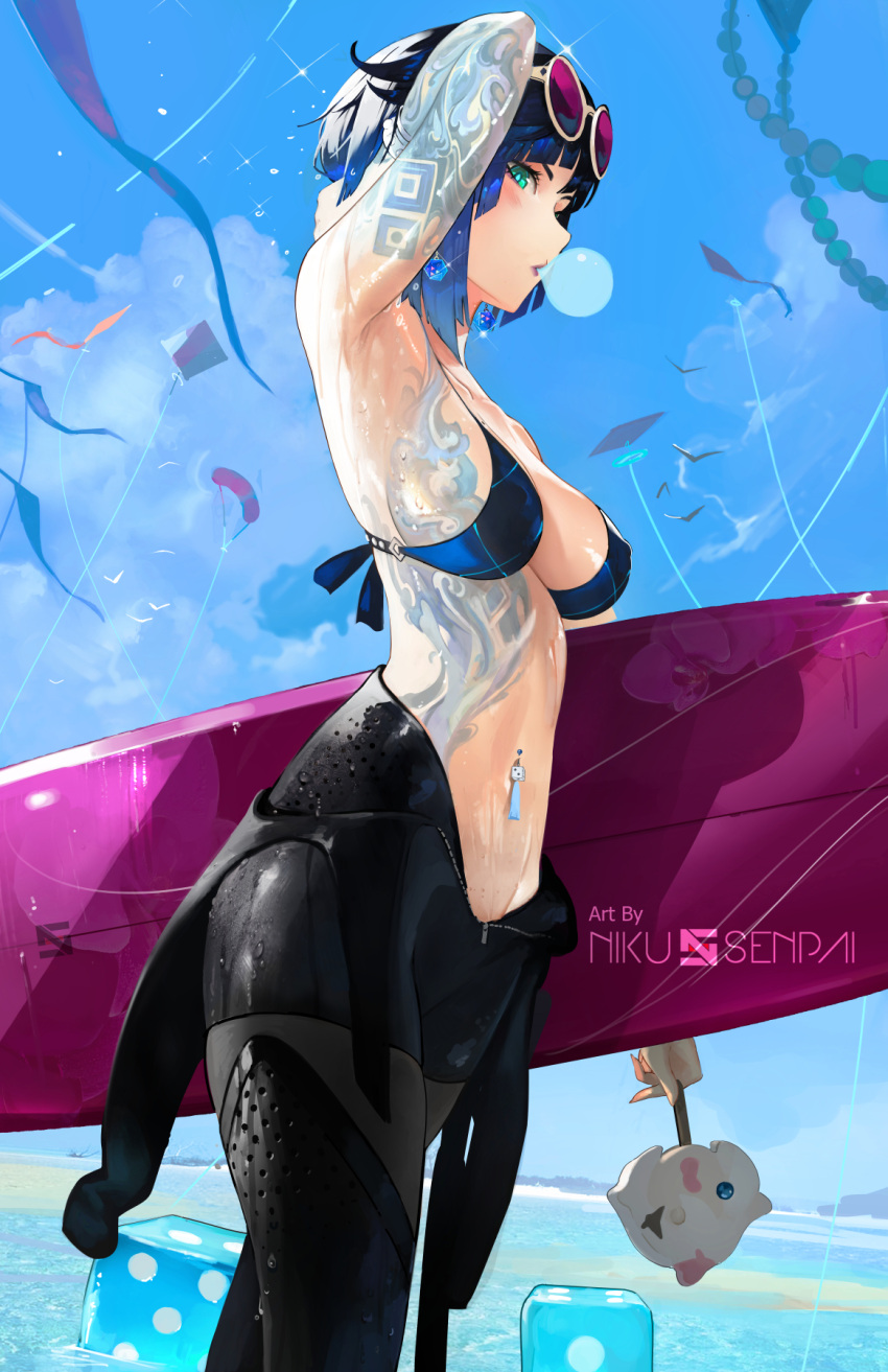 1girl armpits bangs bare_shoulders black_hair blue_hair bob_cut bodysuit breast_tattoo breasts bubble_blowing chewing_gum cleavage diagonal_bangs genshin_impact green_eyes highres large_breasts looking_at_viewer mole mole_on_breast multicolored_hair nikusenpai short_hair shoulder_tattoo solo stomach_tattoo surfboard surfing tattoo water wet wet_clothes yelan_(genshin_impact)