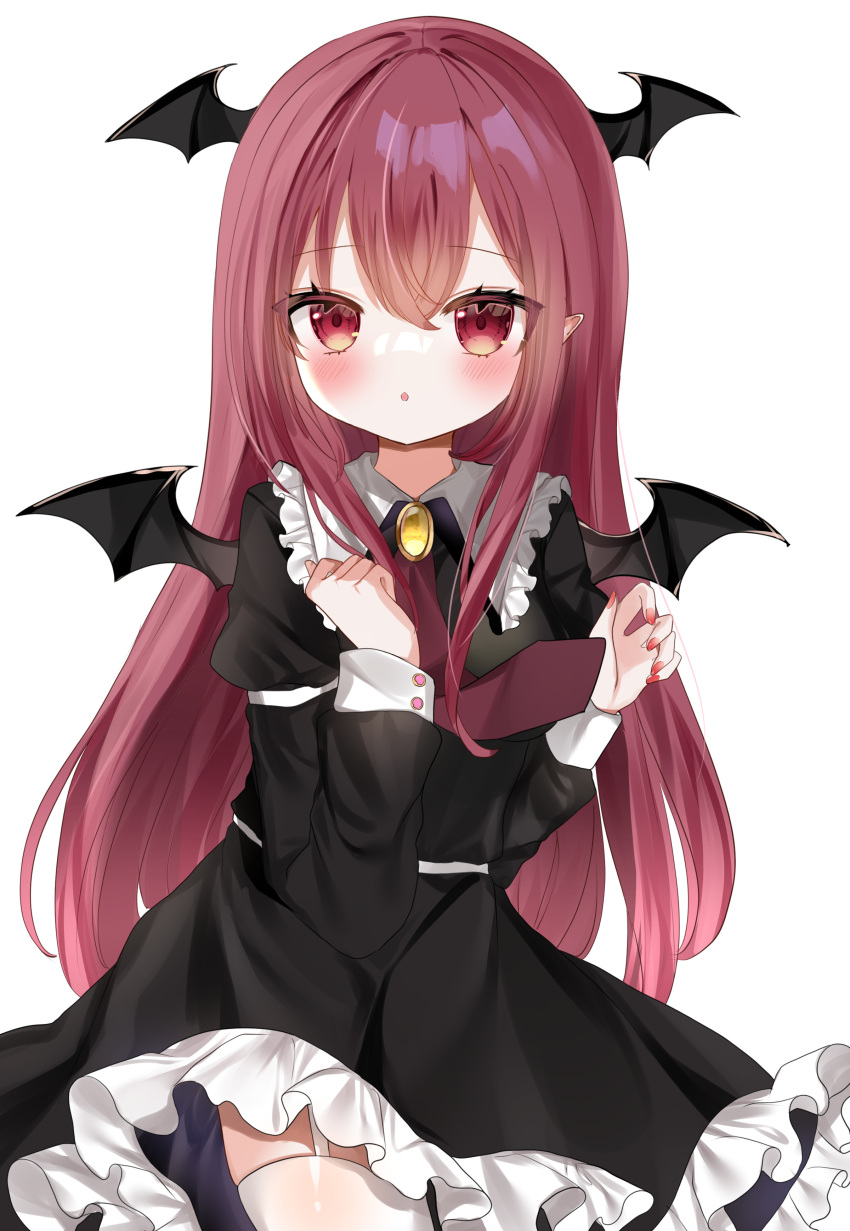 1girl :o absurdres alternate_costume bangs black_dress blush cowboy_shot dress enmaided eyebrows_visible_through_hair frilled_dress frills hair_between_eyes head_wings highres juliet_sleeves koakuma long_hair long_sleeves looking_at_viewer maid nail_polish okome2028 parted_lips puffy_sleeves red_eyes red_hair red_nails simple_background solo thighhighs touhou very_long_hair white_background white_legwear wings