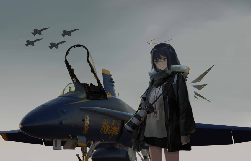 1girl aircraft airplane arknights bangs black_hair black_jacket blue_angels blue_eyes camera closed_mouth commentary detached_wings english_commentary f/a-18e_super_hornet fighter_jet fur_trim halo highres holding holding_camera horns id_card jacket jet long_hair long_sleeves looking_at_viewer military military_vehicle mirroraptor mostima_(arknights) open_clothes open_jacket outdoors shirt smile solo standing united_states_navy white_shirt wings