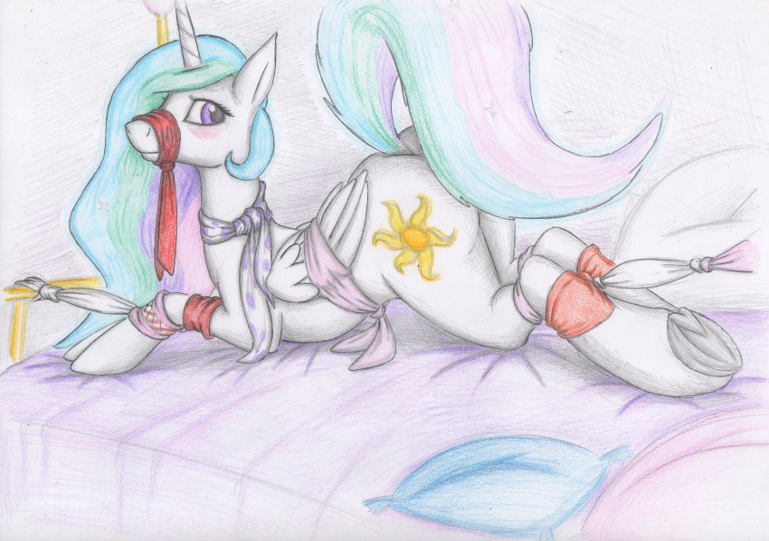 absurd_res bdsm bed bondage bound butt cloth colored_pencil_(artwork) cutie_mark equid equine female feral friendship_is_magic full-length_portrait fur furniture gag hair hasbro hi_res hooves horn horse improvised_gag inside legs_tied long_hair looking_back lying mammal multicolored_hair my_little_pony nude on_bed on_front pillow pony portrait princess_celestia_(mlp) rainbow_hair scarf simple_background solo spiritalpha traditional_media_(artwork) white_body white_fur winged_unicorn wings wings_tied