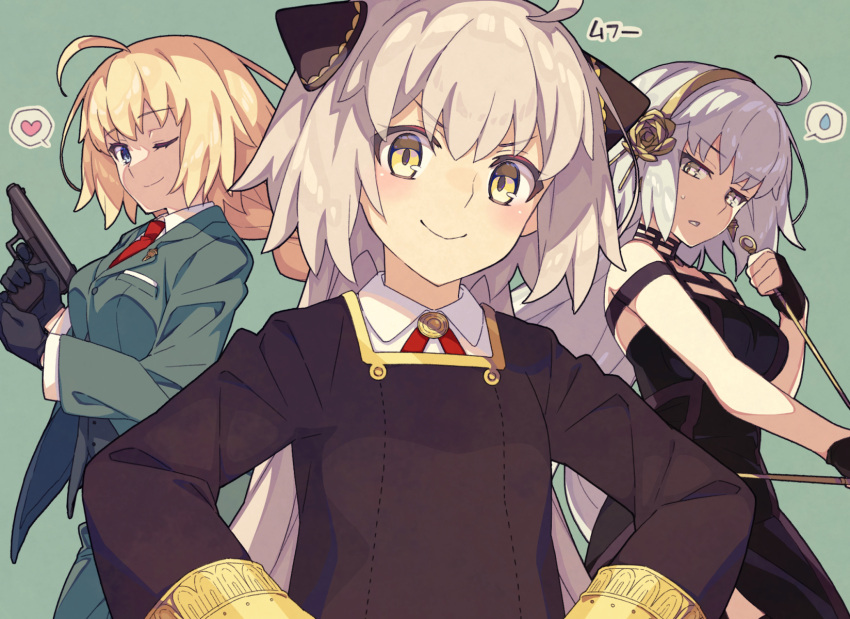 3girls ahoge anya_(spy_x_family) blonde_hair braid breasts cone_hair_bun cosplay fate/grand_order fate_(series) flower gun hair_flower hair_ornament hairband handgun heart highres jacket jeanne_d'arc_(fate) jeanne_d'arc_alter_(fate) jeanne_d'arc_alter_santa_lily_(fate) large_breasts multiple_girls necktie one_eye_closed pistol saipaco smug spy_x_family sweatdrop twilight_(spy_x_family) weapon white_hair yor_briar