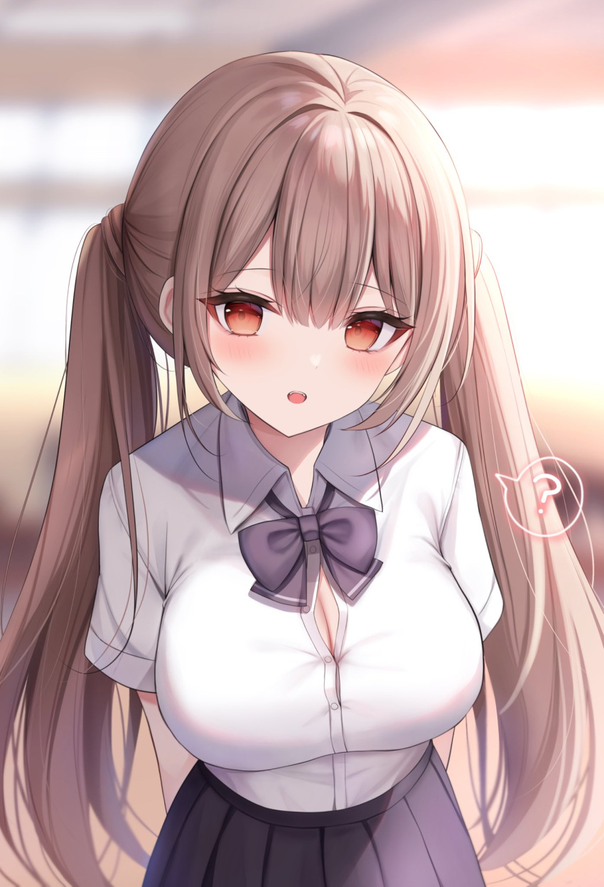 1girl ? arms_behind_back bangs blurry blurry_background blush bow bowtie breasts brown_hair cleavage collared_shirt commentary eyebrows_visible_through_hair highres komari_mhy large_breasts long_hair looking_at_viewer open_mouth orange_eyes original pleated_skirt school_uniform shirt shirt_tucked_in short_sleeves sidelocks skirt solo spoken_question_mark taut_clothes taut_shirt teeth twintails white_shirt