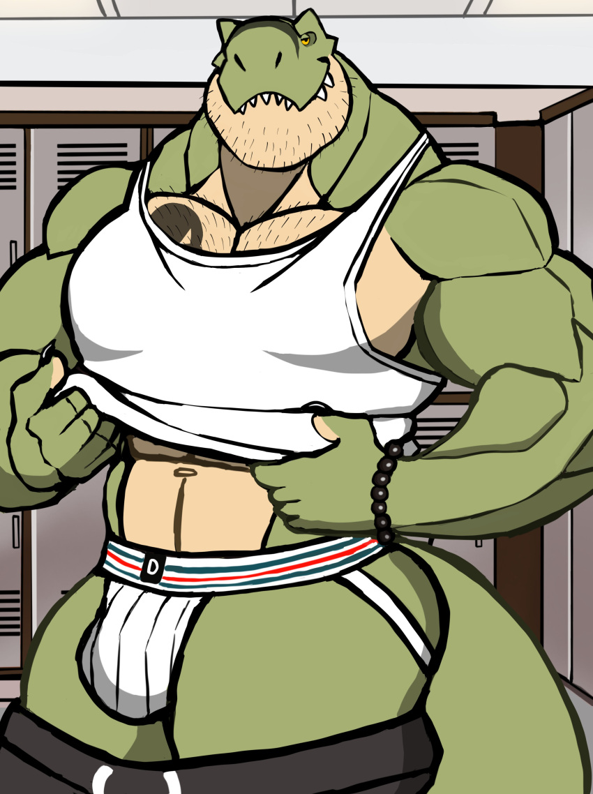 2022 abs absurd_res anthro big_bulge big_muscles body_hair bottomwear bottomwear_down bracelet bulge chest_hair clothed clothing darknaigart dinosaur facial_hair hi_res huge_muscles inside jace_(darknaig) jewelry jockstrap locker_room looking_at_viewer male muscular muscular_anthro muscular_male narrowed_eyes navel pants pants_down partially_clothed pecs reptile scalie shirt smile solo standing tank_top tattoo teeth theropod topwear tyrannosaurid tyrannosaurus tyrannosaurus_rex underwear undressing