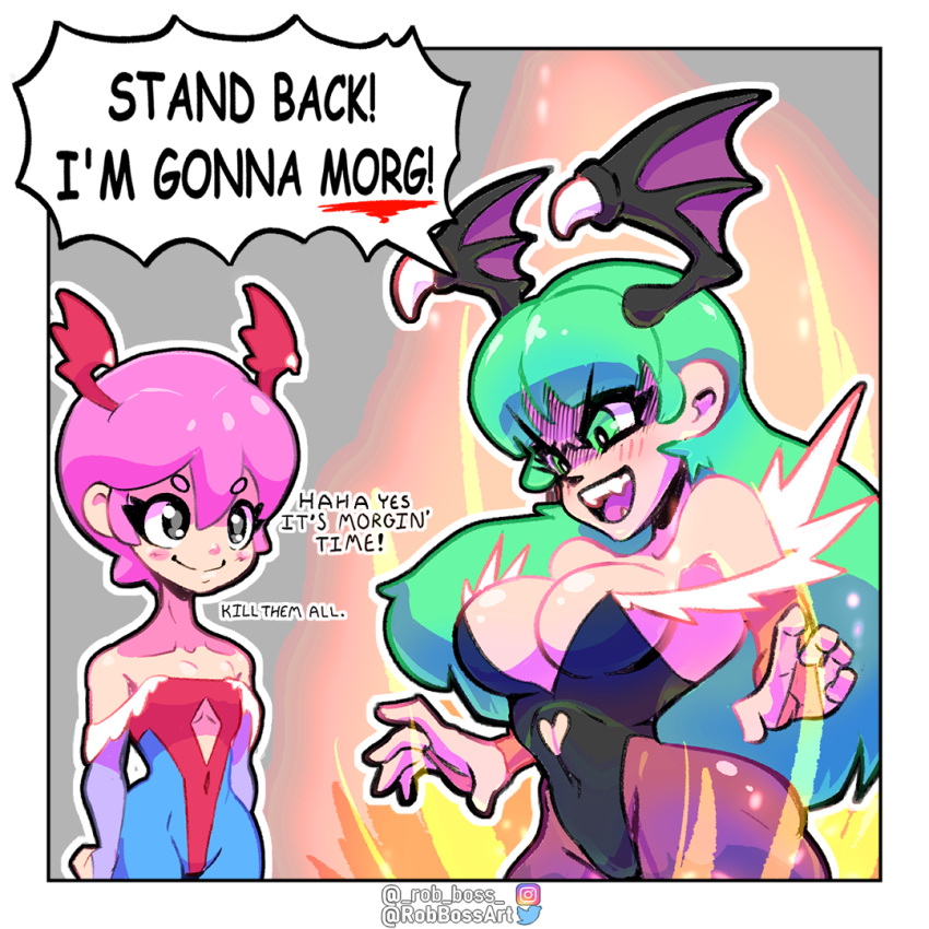 black_legwear black_leotard breasts cleavage covered_navel english_commentary english_text eyebrows_visible_through_hair green_hair hair_behind_ear head_wings instagram_username it's_morbin'_time_(meme) large_breasts leotard lilith_aensland marvel meme morbius_(film) morrigan_aensland open_hands pantyhose pink_hair red_leotard rob_boss shaded_face short_hair siblings sisters smile speech_bubble twitter_username v-shaped_eyebrows vampire_(game)