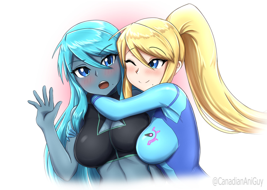 2girls ;) aqua_hair blonde_hair blue_eyes blush bodysuit canadiananiguy colored_skin dark_samus english_commentary grey_skin highres hug long_hair metroid multiple_girls one_eye_closed ponytail samus_aran smile zero_suit