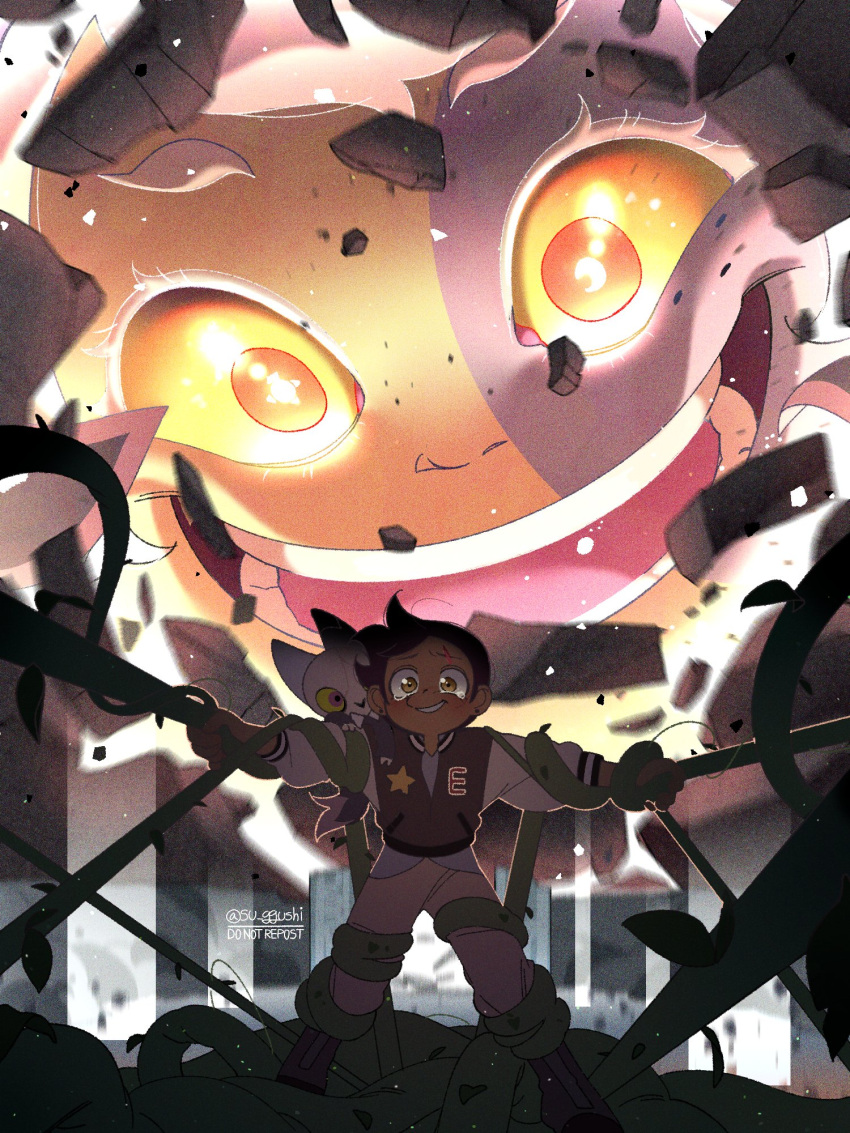 1girl 2boys boots brown_eyes dark-skinned_female dark_skin destruction evil_smile eyebrow_cut highres horns jacket king_clawthorne letterman_jacket looking_at_viewer luz_noceda multiple_boys plant scar scar_on_face smile spoilers su_ggushi symbol-shaped_pupils tears the_collector_(the_owl_house) the_owl_house vines yellow_eyes