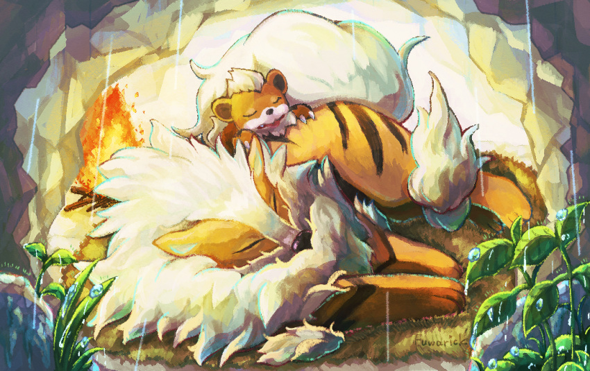 arcanine campfire cave claws closed_eyes commentary_request evolutionary_line fang fire fuwarick growlithe leaf no_humans pokemon pokemon_(creature) rain sleeping tongue tongue_out water_drop