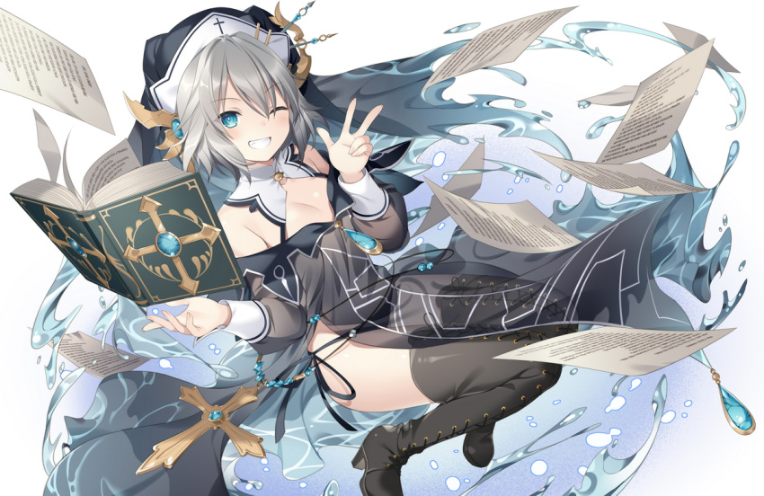 1girl blue_eyes book boots commentary_request cowboy_shot date_a_live dress eyebrows_visible_through_hair honjou_nia looking_at_viewer nun one_eye_closed pages rie_(reverie) short_hair smile solo thigh_boots water white_hair wind