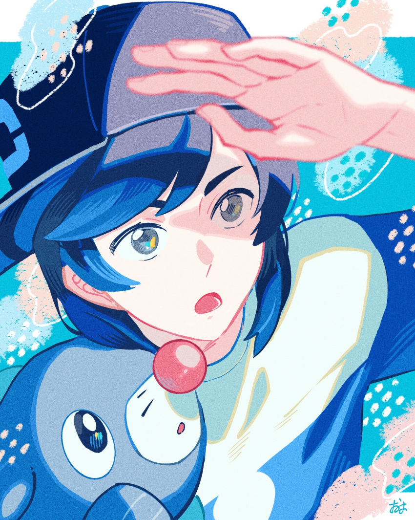 1boy :o arm_up bangs black_hair black_headwear blue_shirt blurry commentary_request elio_(pokemon) grey_eyes hat highres lower_teeth male_focus medium_hair omyo_(myomyomyo22) open_mouth pokemon pokemon_(creature) pokemon_(game) pokemon_sm popplio shirt signature striped striped_shirt swept_bangs t-shirt teeth tongue