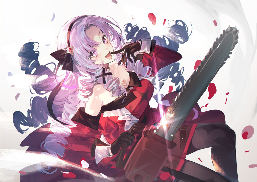 1girl absurdres black_gloves black_hairband black_legwear chainsaw chest_tattoo dress drill_hair gloves hairband highres holding holding_chainsaw hyakumantenbara_salome light_purple_eyes light_purple_hair long_hair looking_at_viewer mayutsuba_mono nijisanji off-shoulder_dress off_shoulder open_mouth pantyhose red_dress smile solo tattoo virtual_youtuber