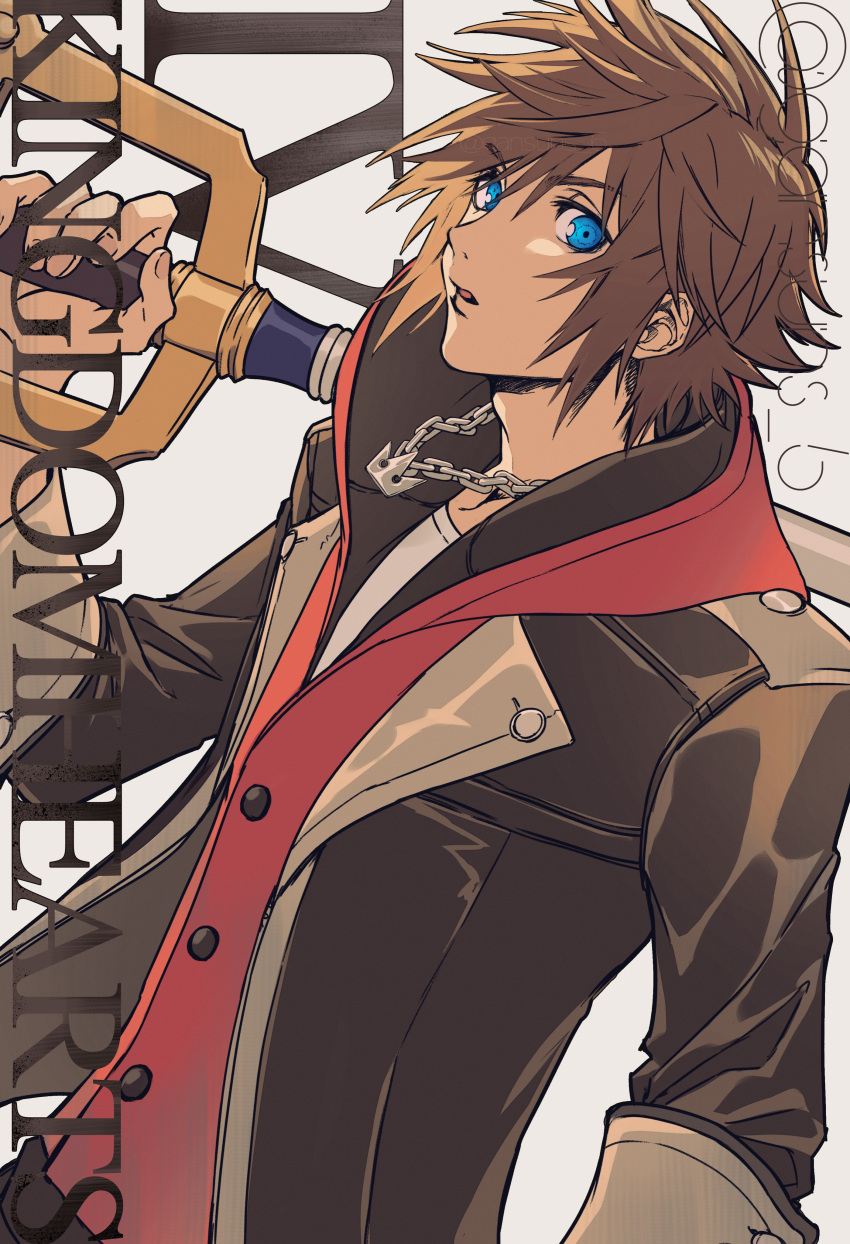 1boy absurdres bangs black_jacket blue_eyes brown_hair copyright_name eyebrows_visible_through_hair grey_background hair_behind_ear highres holding holding_weapon hood hoodie jacket keyblade kingdom_hearts kingdom_hearts_iv looking_at_viewer male_focus over_shoulder parted_lips red_hoodie roku_(gansuns) shirt solo sora_(kingdom_hearts) weapon weapon_over_shoulder white_shirt