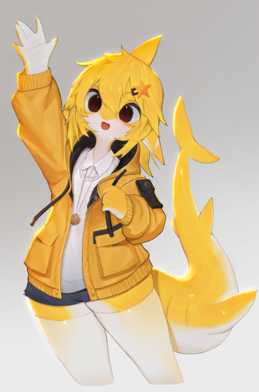 2022 5_fingers absurd_res accessory ambiguous_gender anthro biped blonde_hair brown_eyes clothed clothing fin fingers fish gradient_background hair hair_accessory hairpin head_fin hi_res marine open_mouth raised_arm scales shaded shark simple_background smile soda_uyu solo white_body white_scales yellow_body yellow_clothing yellow_scales