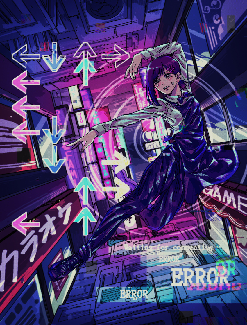 1girl air_compressor apron arm_above_head arm_up arrow_(symbol) bangs black_apron black_bow black_bowtie black_footwear black_hair black_pants bow bowtie chainsaw_man crying dance_dance_revolution dancing error glass hair_ornament hairclip higashiyama_kobeni highres long_sleeves looking_at_viewer neon_lights pants sad short_hair short_ponytail single_sidelock sleeve_cuffs solo storefront sweat ttt75966067