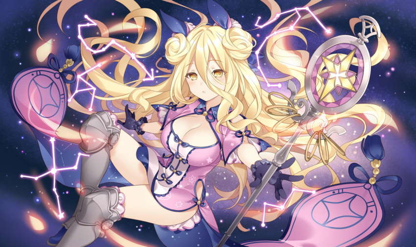 1girl blonde_hair blush boots breasts cleavage cleavage_cutout clothing_cutout commentary_request cowboy_shot date_a_live double_bun dress eyebrows_visible_through_hair holding holding_staff hoshimiya_mukuro knee_boots large_breasts long_hair looking_at_viewer parted_lips rie_(reverie) sky solo staff star_(sky) starry_sky thighs yellow_eyes