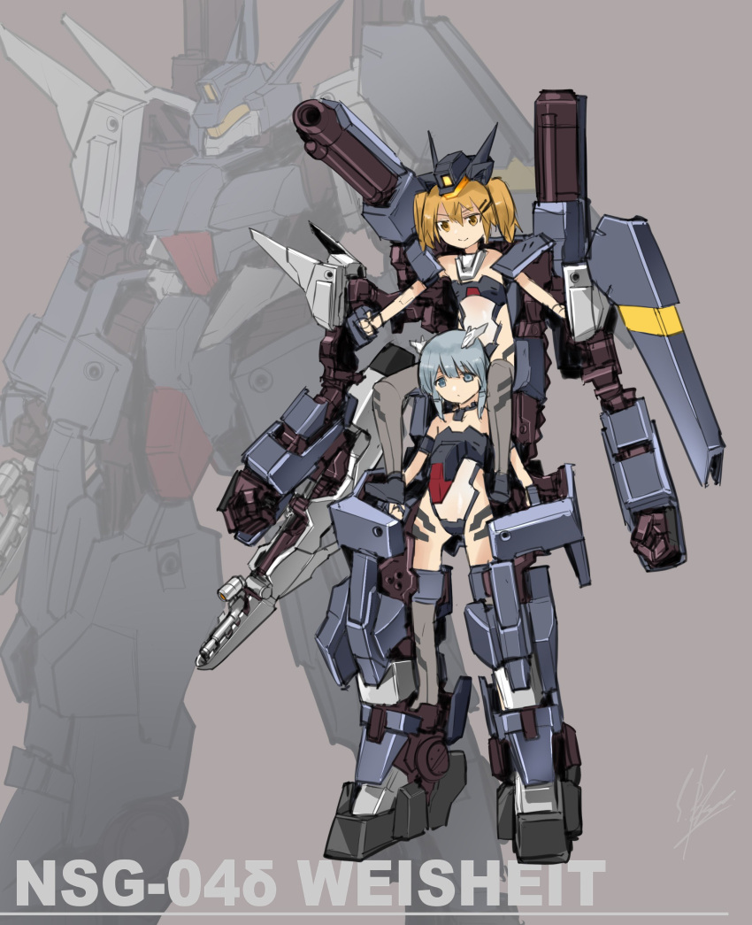 absurdres blonde_hair blue_eyes blue_hair brown_eyes clenched_hands exoskeleton flat_chest frame_arms frame_arms_girl grey_legwear hair_ornament hairclip head_tilt highres leotard mecha mecha_musume personification projected_inset sadamatsu_ryuuichi see-through see-through_leotard short_hair smile thighhighs twintails visor weisheit_(frame_arms)