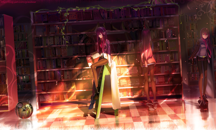 1girl 3girls absurdres book bookshelf boots brown_hair cao_xiong headphones highres jacket labcoat library long_hair makise_kurisu metal_upa multiple_girls necktie pantyhose plant sitting steins;gate