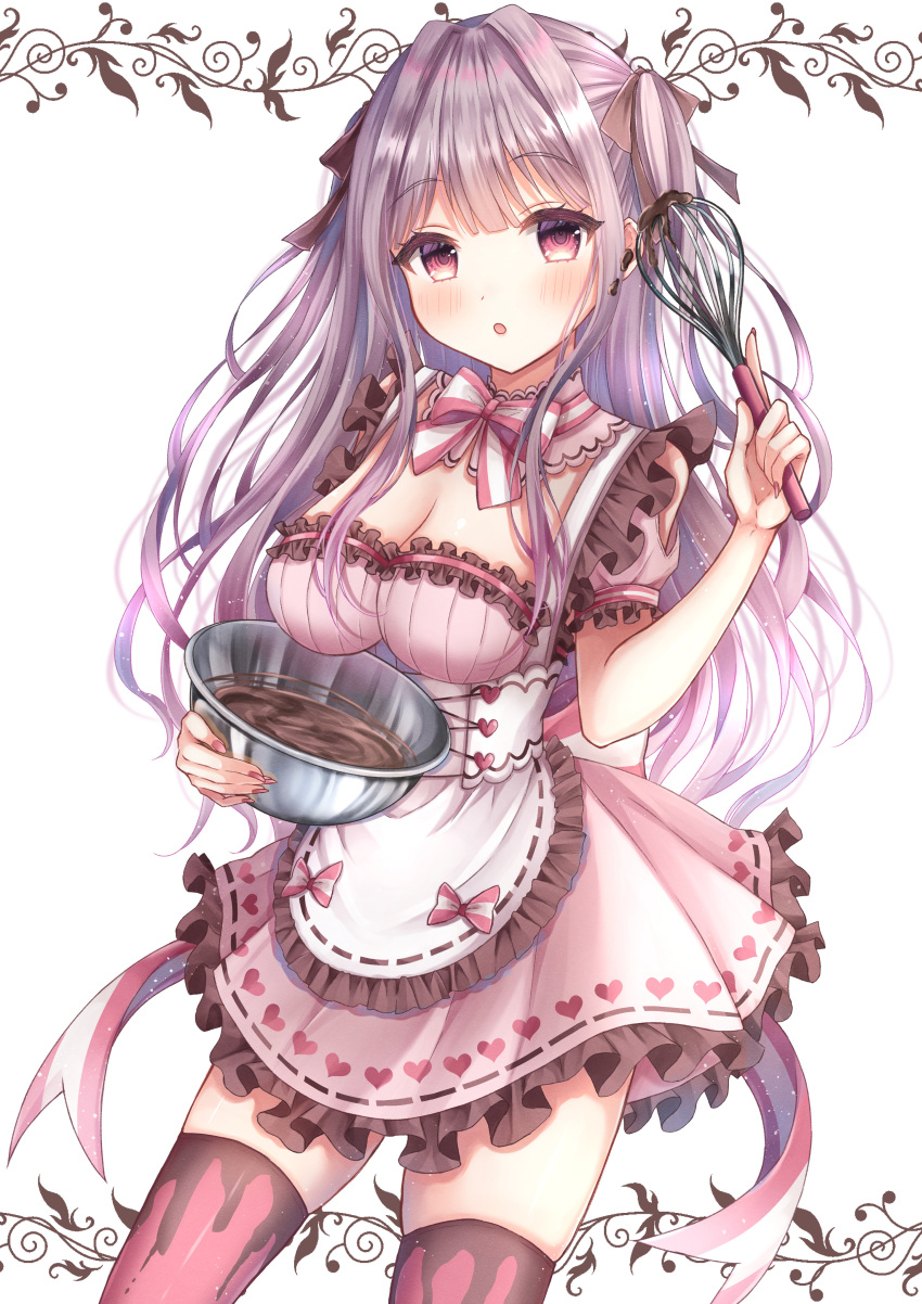 1girl absurdres apron bowl brown_eyes brown_hair chocolate frills highres holding holding_bowl holding_whisk kano_(kannoyoko) looking_at_viewer maid original solo thighhighs valentine whisk white_background