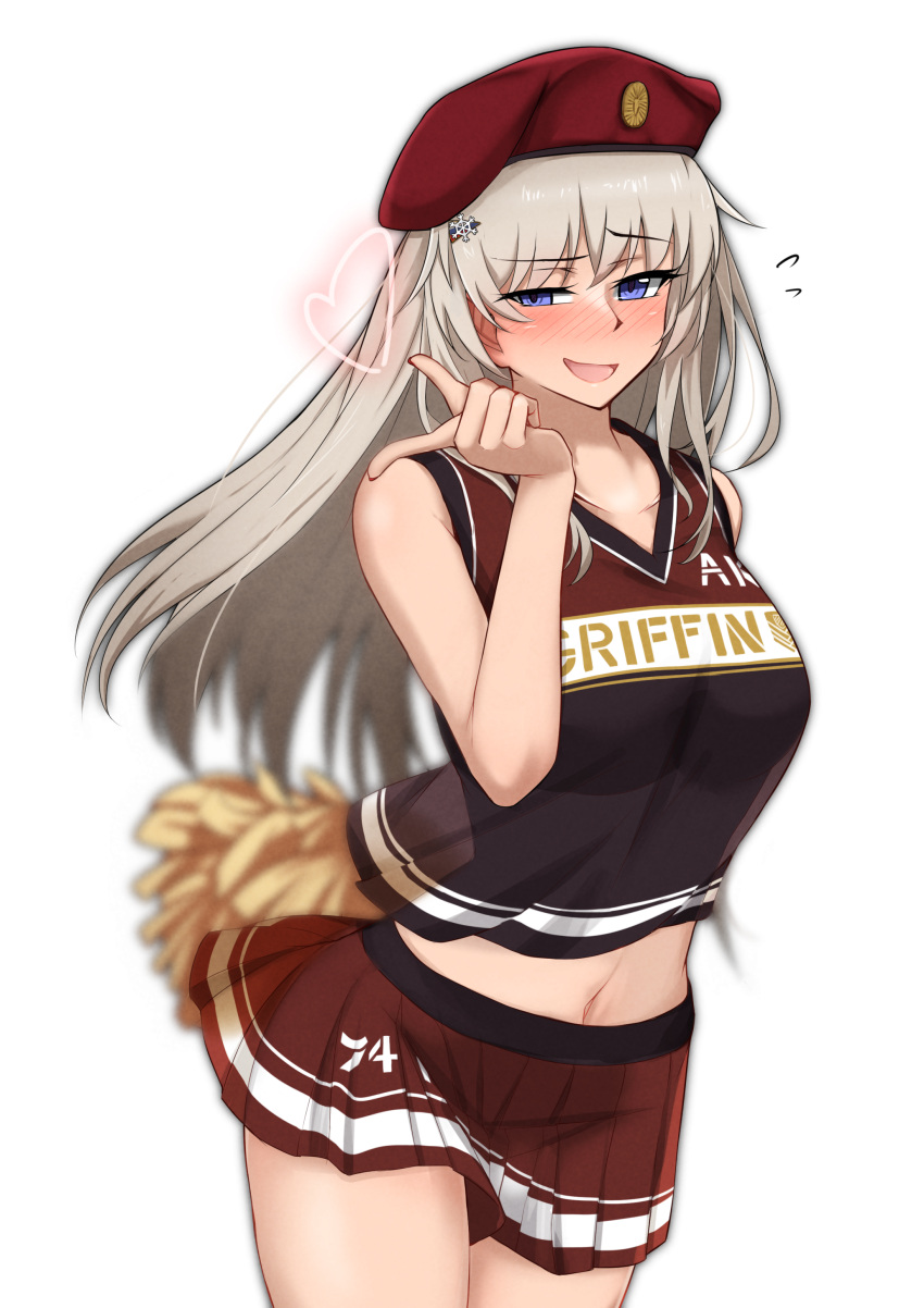 1girl absurdres ak74m_(girls'_frontline) beret blue_eyes cheerleader crop_top girls'_frontline grey_hair hat highres holding holding_pom_poms long_hair midriff miniskirt mosa331 navel pleated_skirt pom_pom_(cheerleading) red_headwear red_skirt skirt solo