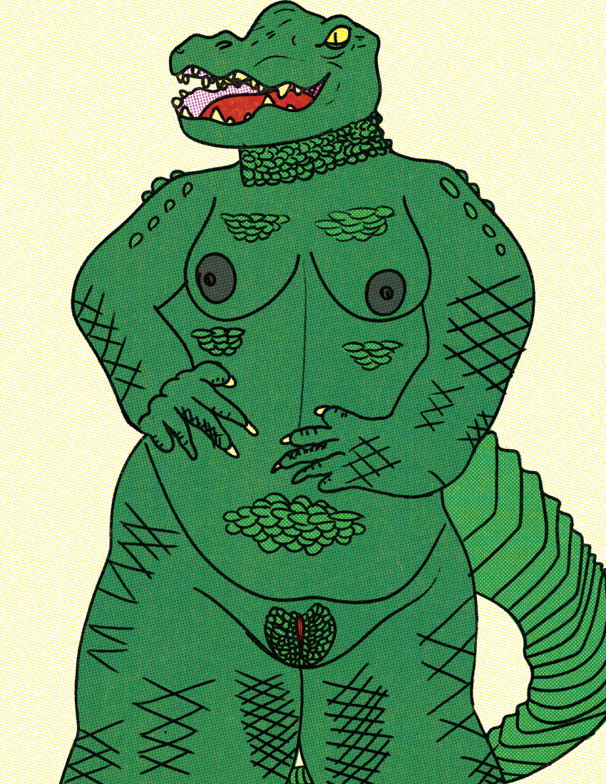 absurd_res alligator alligatorid animal_genitalia anthro breasts cloaca crocodilian female genitals green_nipples hi_res hip_grab natural_breasts nipples non-mammal_nipples reptile scales scalie slightly_chubby smile solo tall yellow_eyes