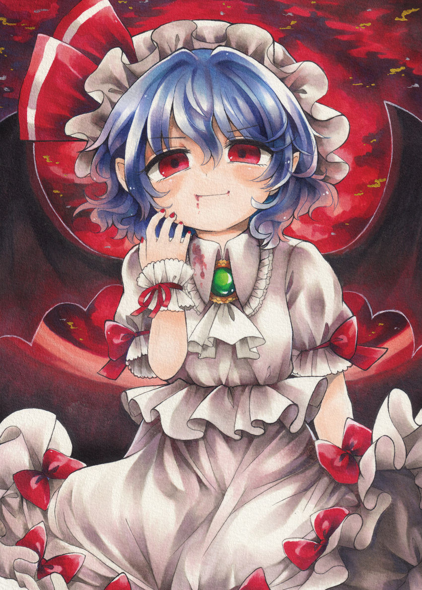 1girl ascot bat_wings blood blood_from_mouth blood_on_clothes blue_hair brooch closed_mouth collared_shirt commentary_request cowboy_shot eyebrows_visible_through_hair frilled_shirt frilled_shirt_collar frilled_skirt frilled_sleeves frills green_brooch hair_between_eyes highres jewelry maa_(forsythia1729) marker_(medium) nail_polish puffy_short_sleeves puffy_sleeves red_background red_eyes red_nails red_ribbon remilia_scarlet ribbon shirt short_hair short_sleeves skirt sleeve_ribbon solo touhou traditional_media white_ascot white_shirt white_skirt wings