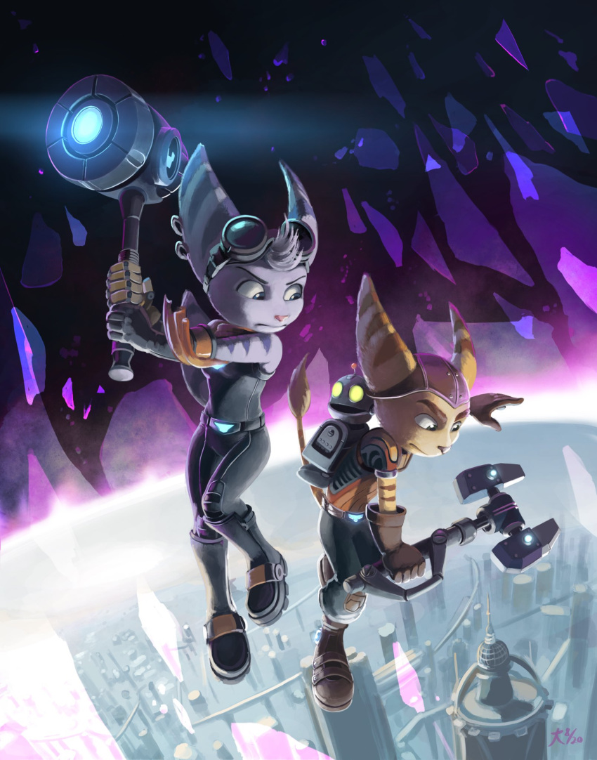 2020 anthro blue_eyes boots building city clank_(ratchet_and_clank) clothing deannart detailed_background ear_piercing ear_ring eyewear eyewear_on_head female footwear gloves goggles goggles_on_head green_eyes group hair hammer handwear hi_res holding_hammer holding_object holding_tool lombax machine male mammal piercing ratchet ratchet_and_clank rivet_(ratchet_and_clank) robot signature sony_corporation sony_interactive_entertainment tools trio video_games white_hair wrench