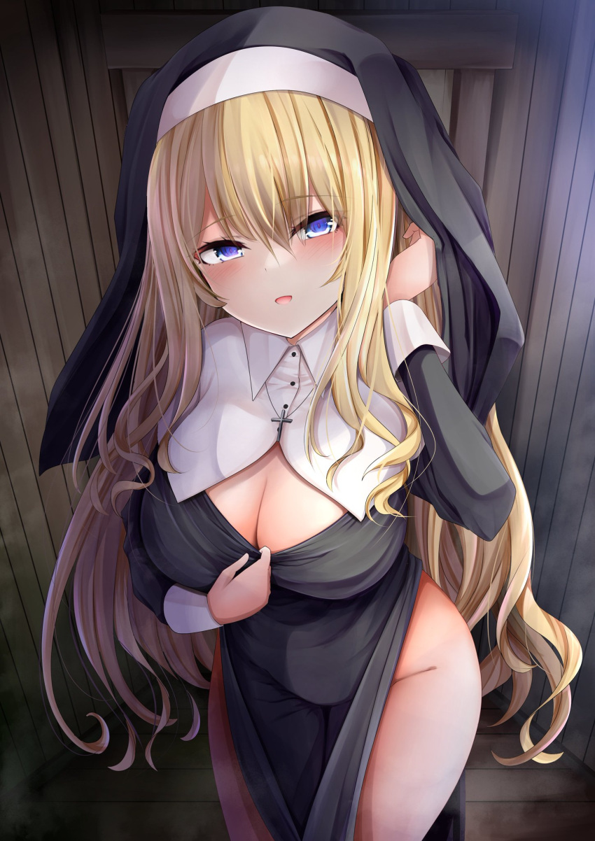 1girl arm_up black_dress black_headwear blonde_hair blue_eyes blush breasts cleavage cross dress dress_tug habit hand_in_own_hair highres kitora_(kisekinonameko) large_breasts long_hair looking_at_viewer no_panties nun open_mouth original pelvic_curtain smile solo thighs very_long_hair